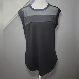 REBECCA TAYLOR Size S Black Mesh Edgy Sleeveless Top Silk Trim Zipper Accents